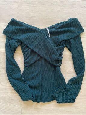 Free People Off-the-Shoulder Ribbed Sweater - Teal Green